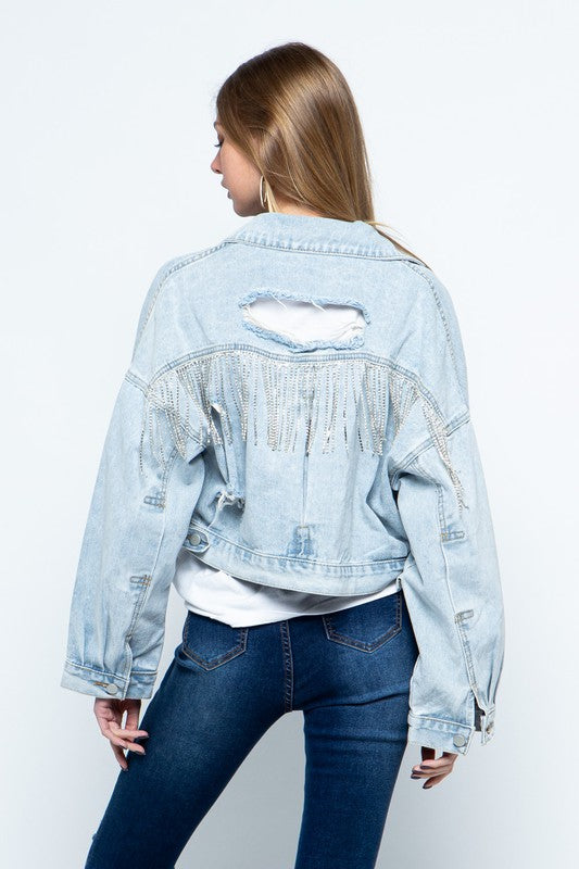 Rhinestone Fringe Distressed Denim Jacket-Drop Ship