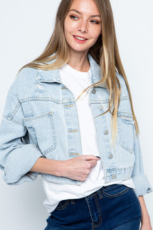 Rhinestone Fringe Distressed Denim Jacket-Drop Ship