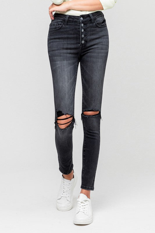 High Rise Distressed Button Fly Ankle Skinny-Drop Ship