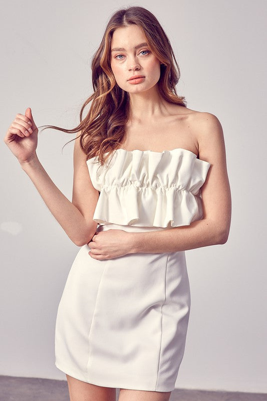 OPEN SHOULDER RUFFLE DETAIL DRESS