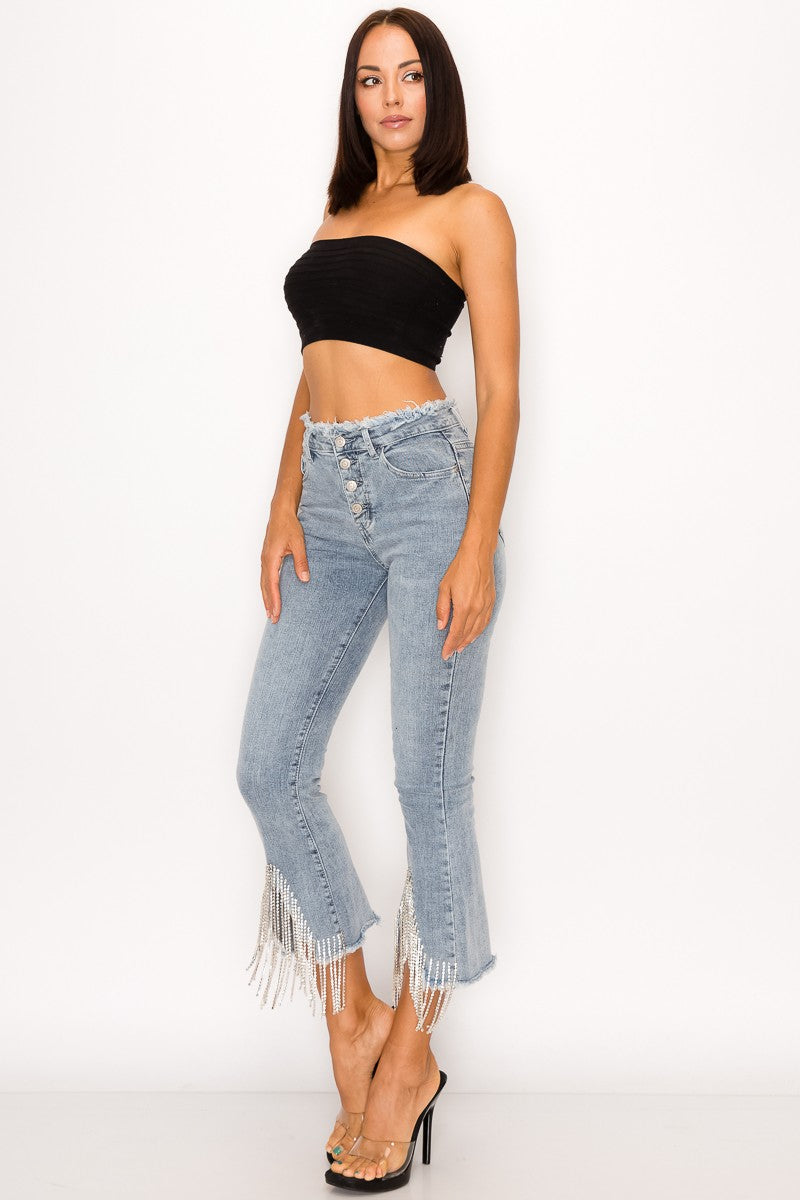 RHINESTONE FRINGE DENIM PANTS