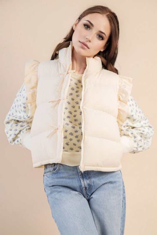 Front Bow Ruffle Sleeve Puffer Vest