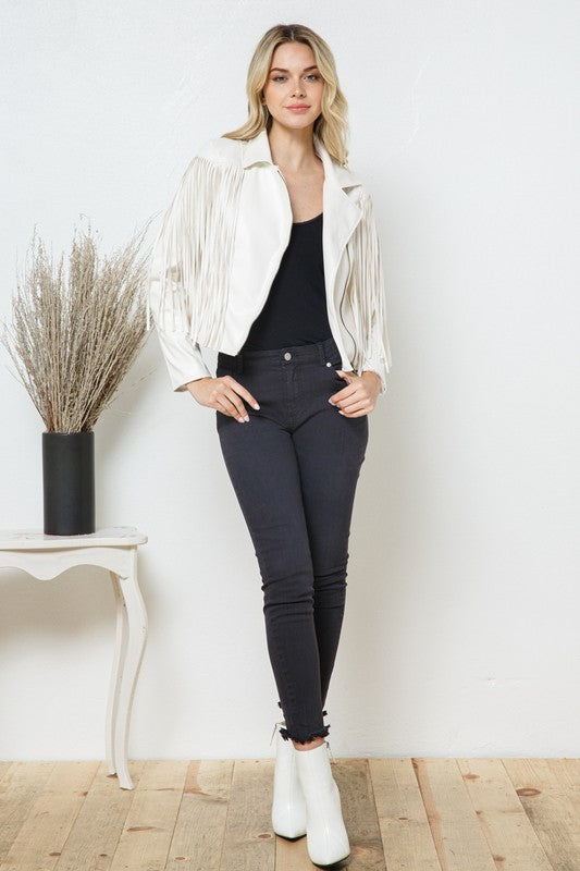 Faux Leather Moto Fringe Jacket-Drop Ship