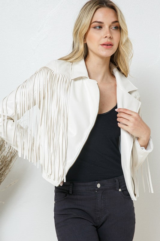 Faux Leather Moto Fringe Jacket-Drop Ship