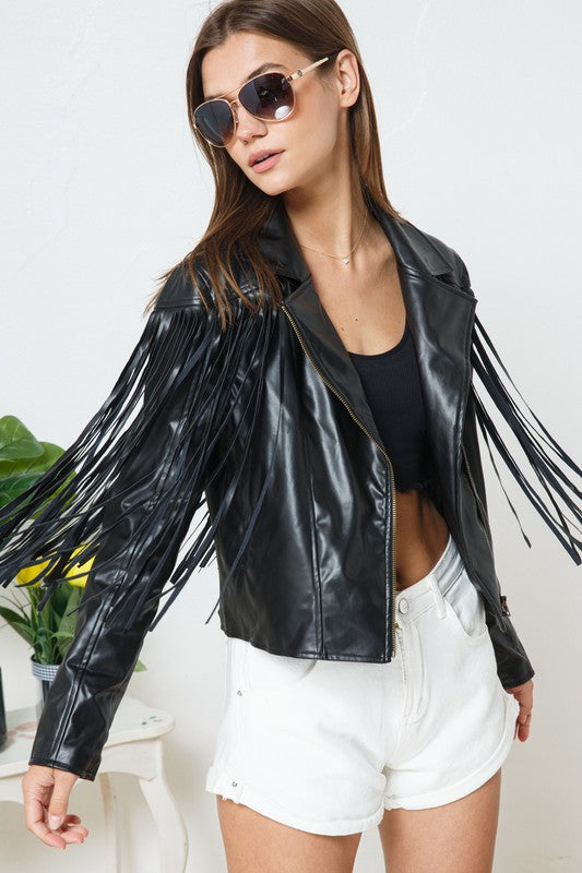 Faux Leather Moto Fringe Jacket-Drop Ship