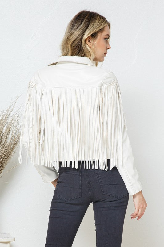 Faux Leather Moto Fringe Jacket-Drop Ship