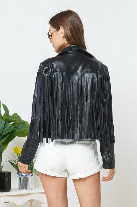 Faux Leather Moto Fringe Jacket-Drop Ship