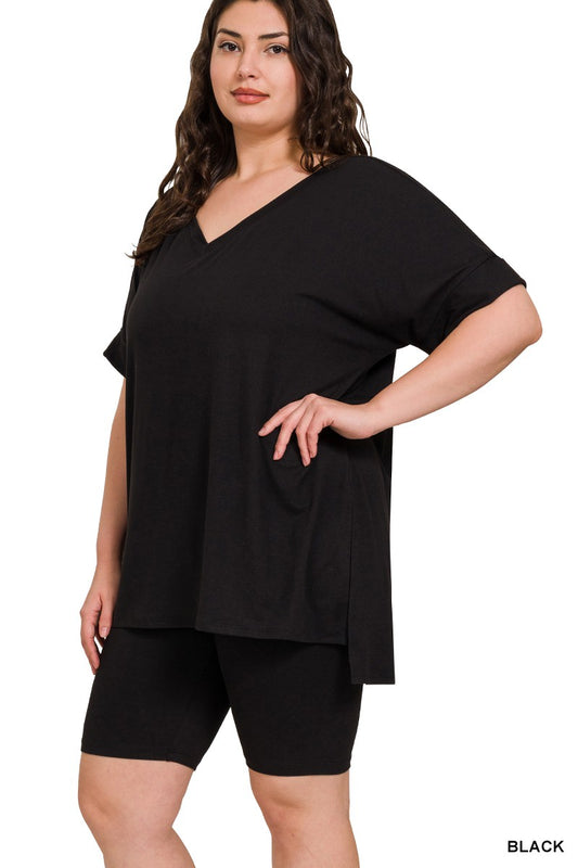 PLUS BRUSHED MICROFIBER V-NECK TOP & BIKER