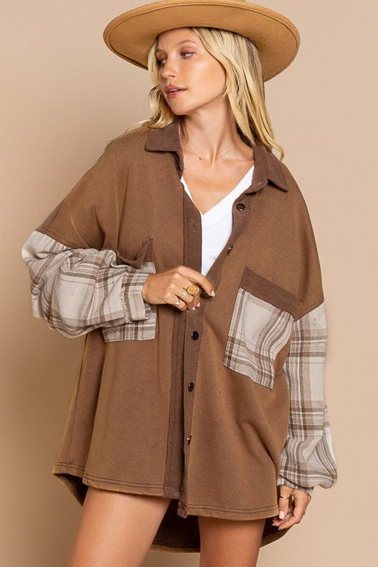 Long Sleeve With Plaid Detail Sleeve Shacket-Drop Ship