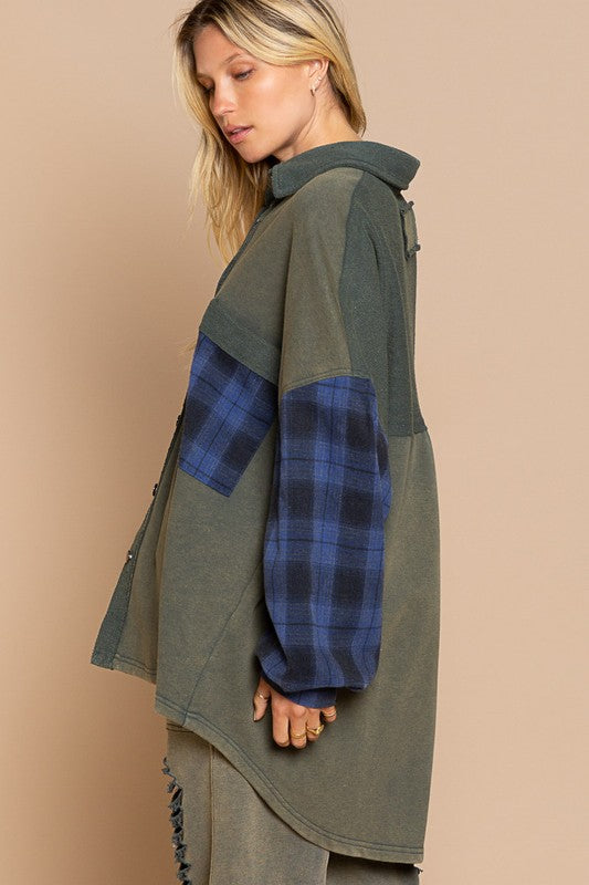 Long Sleeve With Plaid Detail Sleeve Shacket-Drop Ship