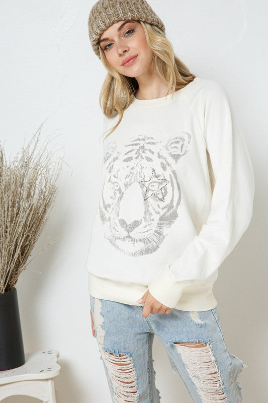 French Terry Tiger Studded Star Graphic Sweatshirt-Drop Ship