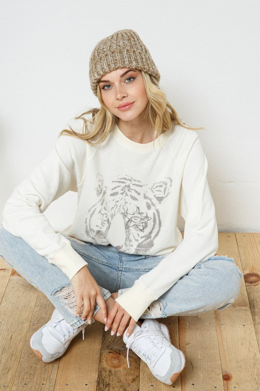 French Terry Tiger Studded Star Graphic Sweatshirt-Drop Ship