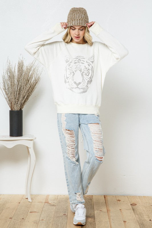 French Terry Tiger Studded Star Graphic Sweatshirt-Drop Ship