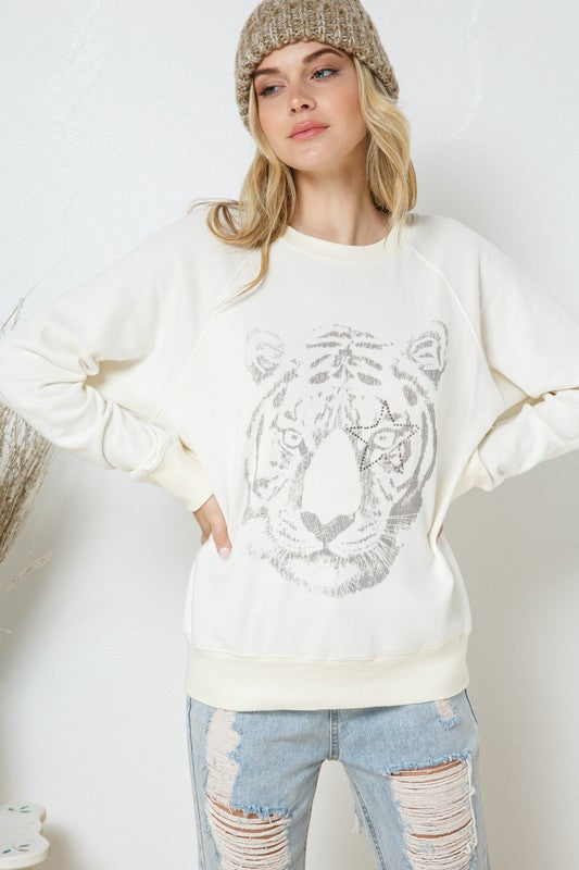 French Terry Tiger Studded Star Graphic Sweatshirt-Drop Ship