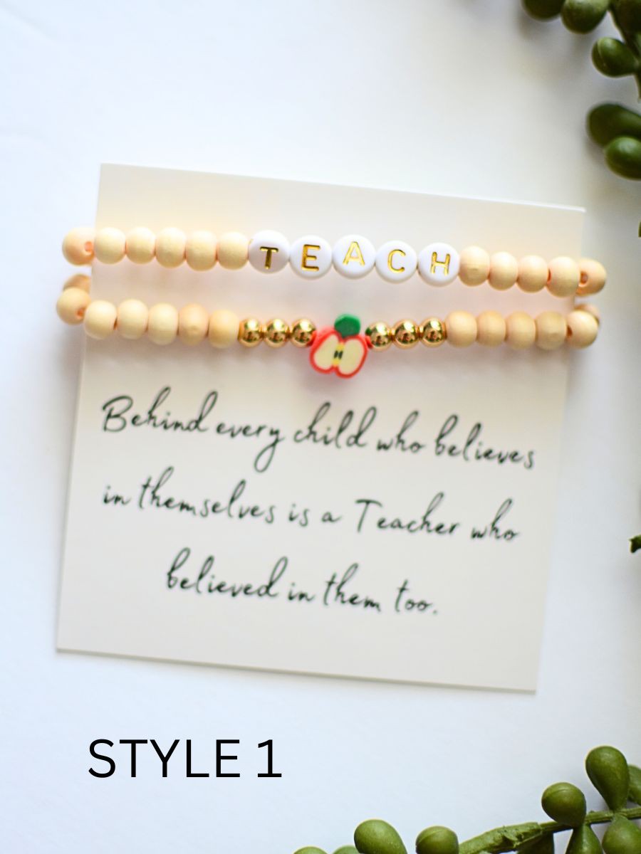 Wood bead Teacher bracelet set on thank you card