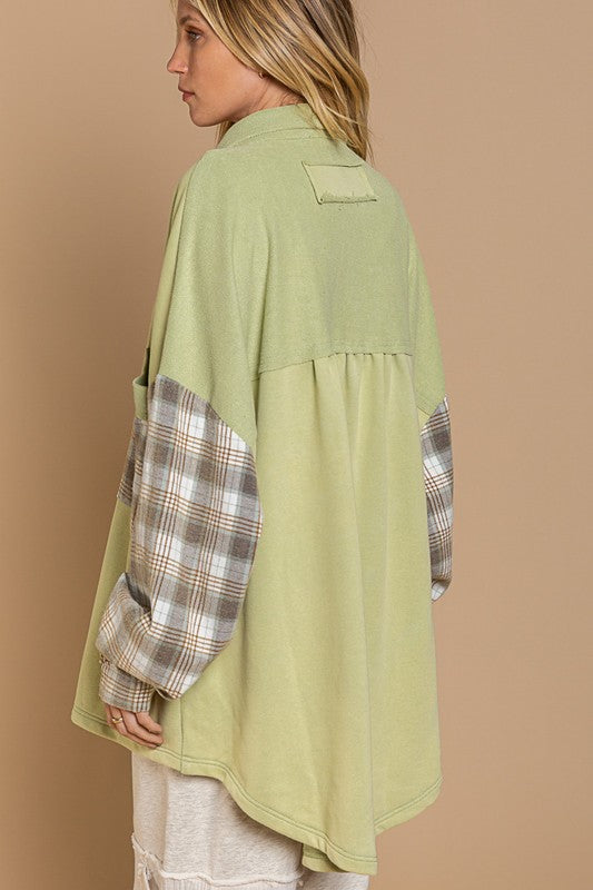 Long Sleeve With Plaid Detail Sleeve Shacket-Drop Ship