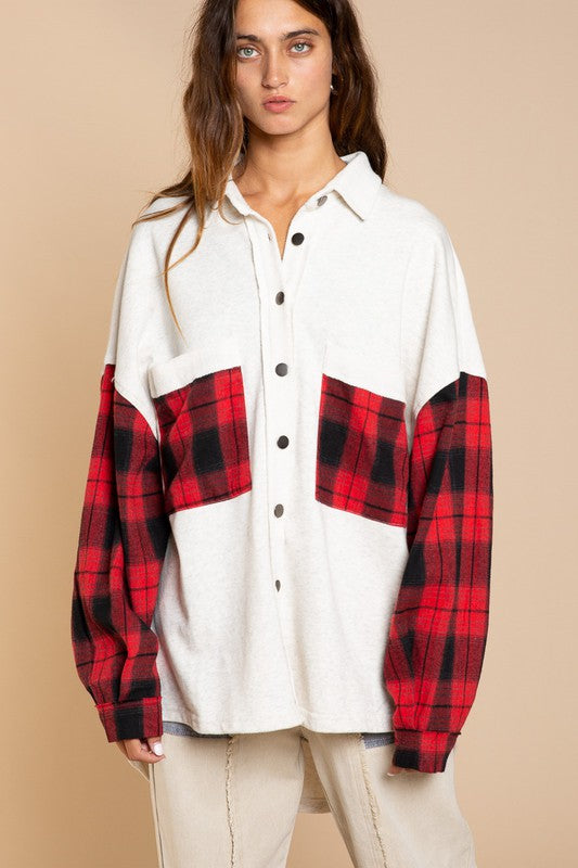 Long Sleeve With Plaid Detail Sleeve Shacket-Drop Ship