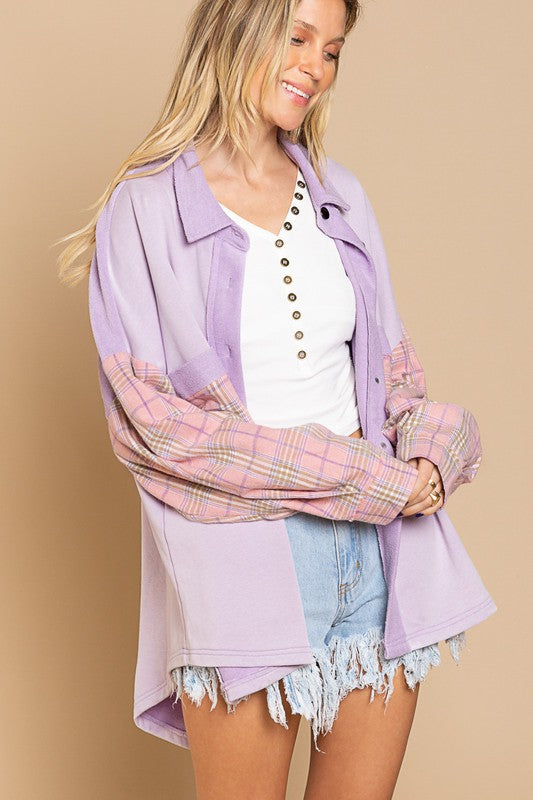 Long Sleeve With Plaid Detail Sleeve Shacket-Drop Ship