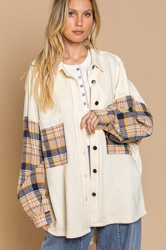 Long Sleeve With Plaid Detail Sleeve Shacket-Drop Ship