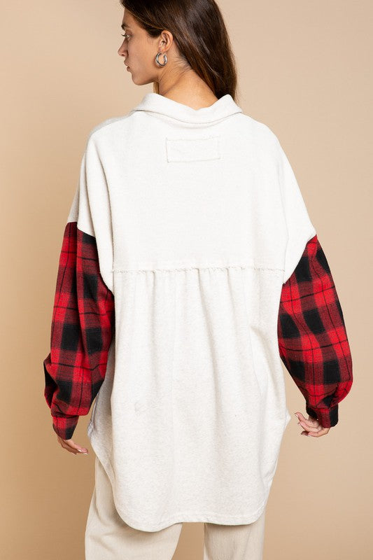 Long Sleeve With Plaid Detail Sleeve Shacket-Drop Ship