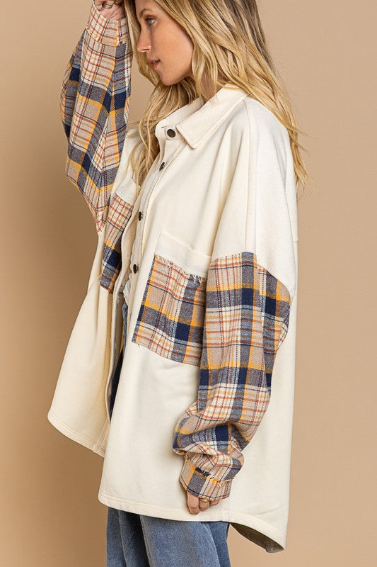 Long Sleeve With Plaid Detail Sleeve Shacket-Drop Ship