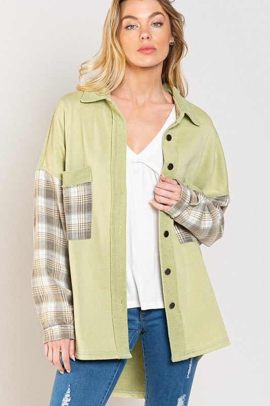 Long Sleeve With Plaid Detail Sleeve Shacket-Drop Ship