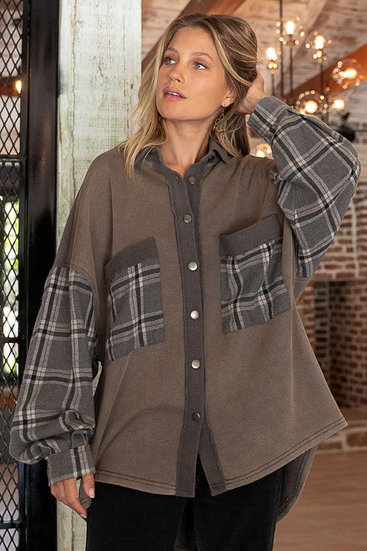 Long Sleeve With Plaid Detail Sleeve Shacket-Drop Ship