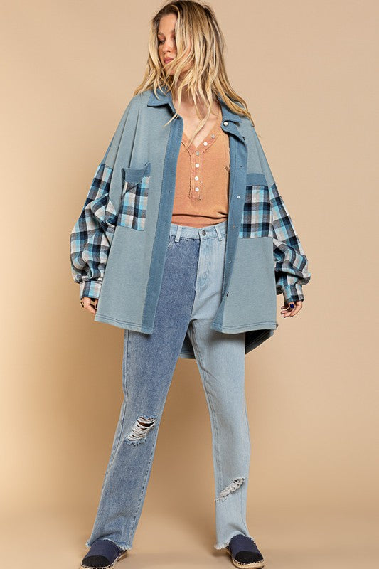 Long Sleeve With Plaid Detail Sleeve Shacket-Drop Ship