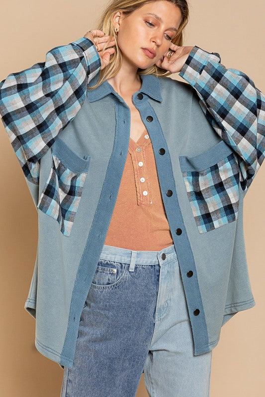 Long Sleeve With Plaid Detail Sleeve Shacket-Drop Ship