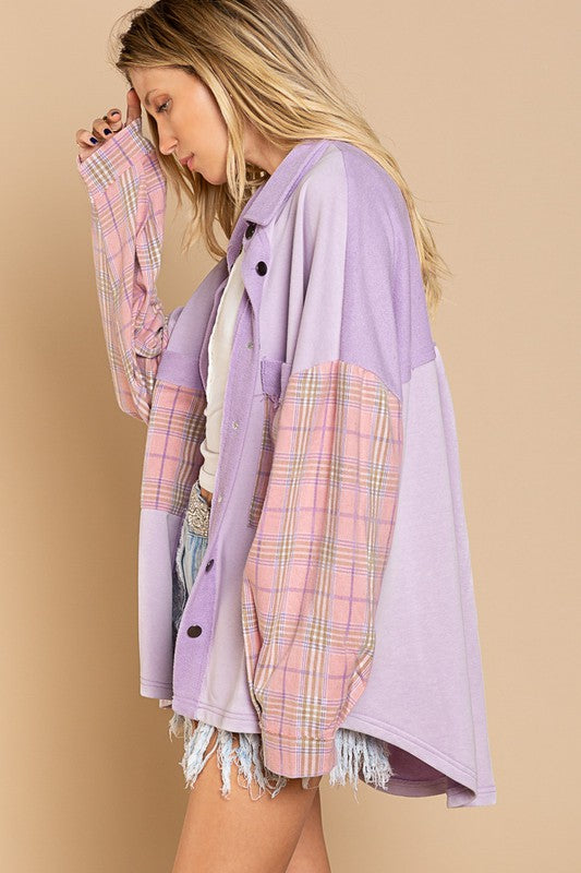 Long Sleeve With Plaid Detail Sleeve Shacket-Drop Ship