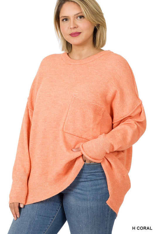 PLUS MELANGE HI-LOW HEM POCKET SWEATER