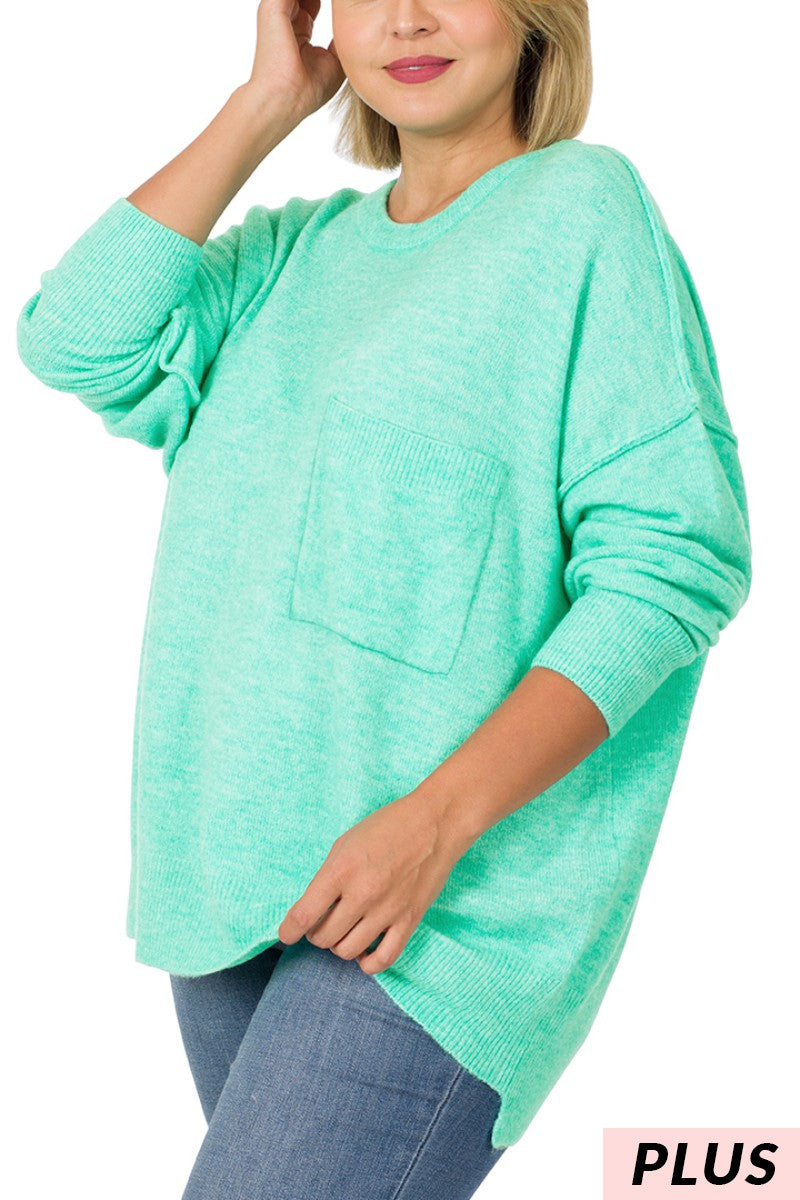 PLUS MELANGE HI-LOW HEM POCKET SWEATER