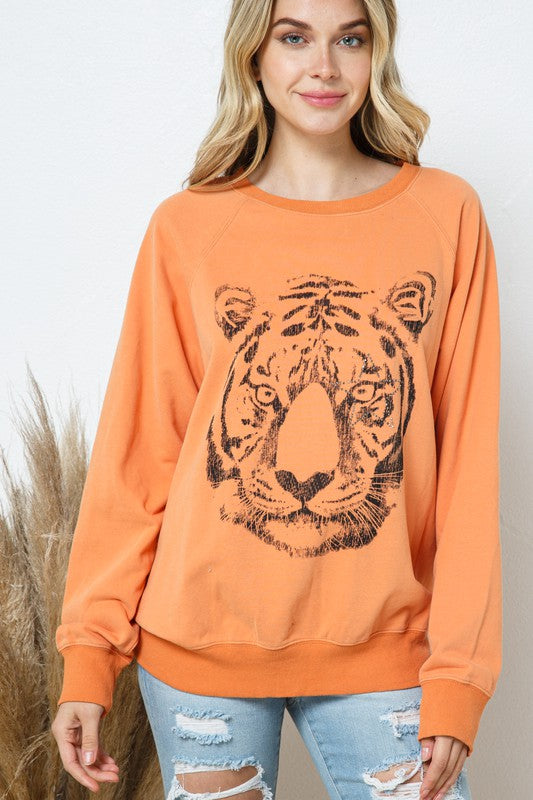 French Terry Tiger Studded Star Graphic Sweatshirt-Drop Ship