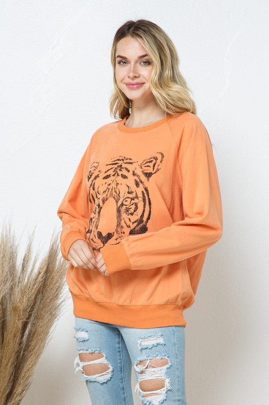 French Terry Tiger Studded Star Graphic Sweatshirt-Drop Ship