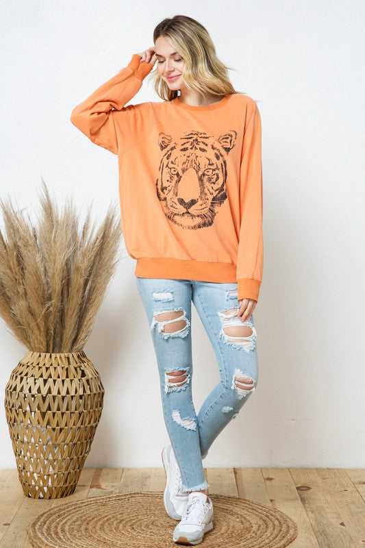 French Terry Tiger Studded Star Graphic Sweatshirt-Drop Ship