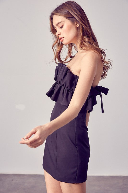 OPEN SHOULDER RUFFLE DETAIL DRESS