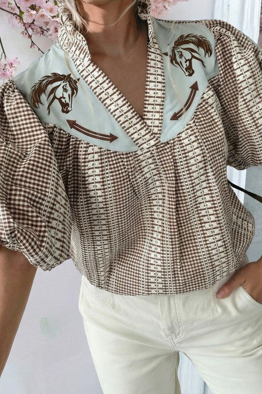 WESTERN PONY EMBROIDERED YOKE PUFF
SLEEVE BLOUSE