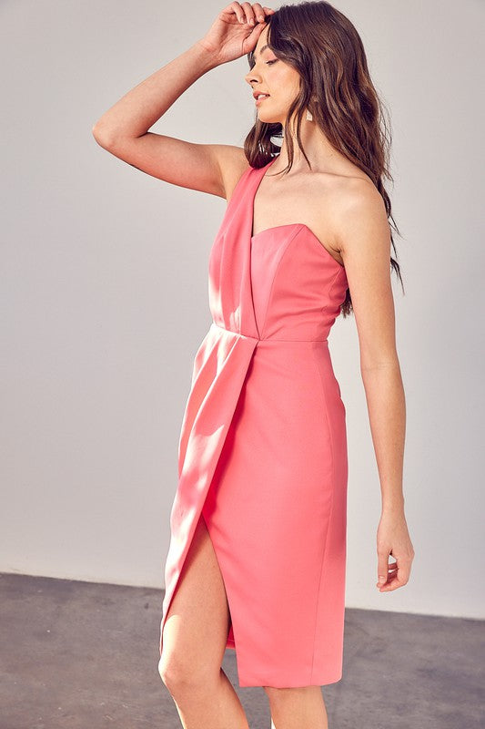 One Shoulder Overlap Dress-Drop Ship