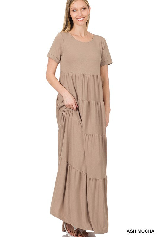 SHORT SLEEVE TIERED MAXI DRESS