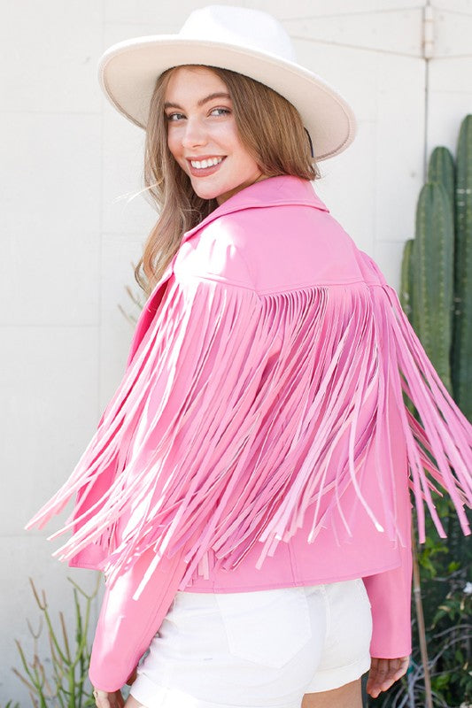 Faux Leather Moto Fringe Jacket-Drop Ship