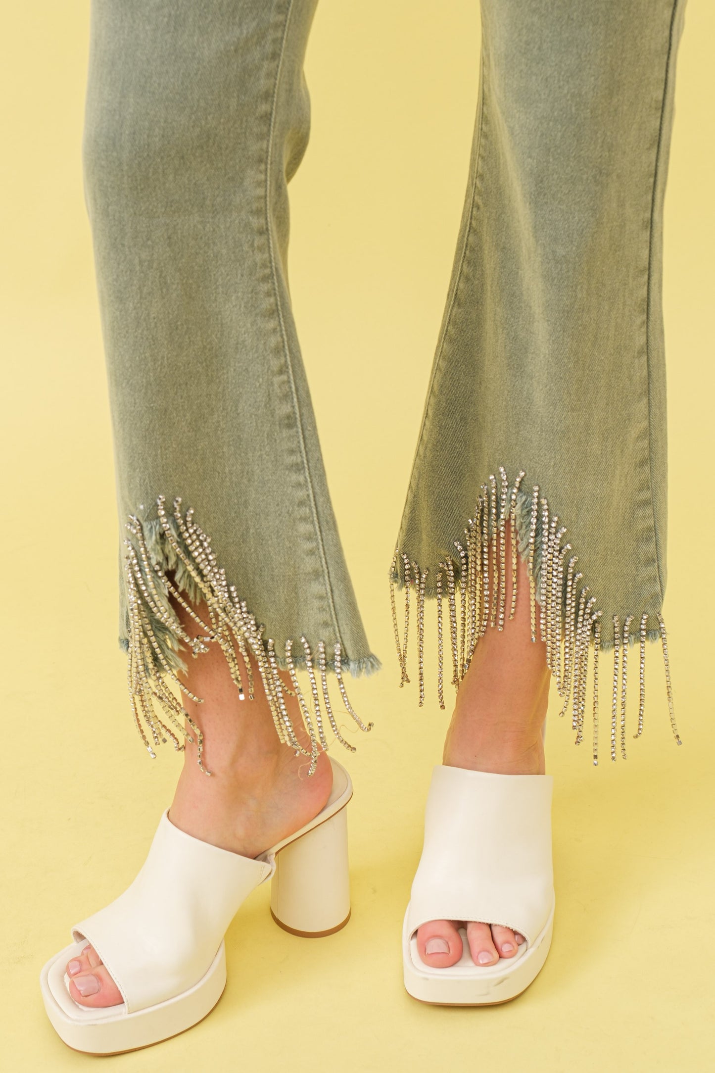 RHINESTONE FRINGE DENIM PANTS