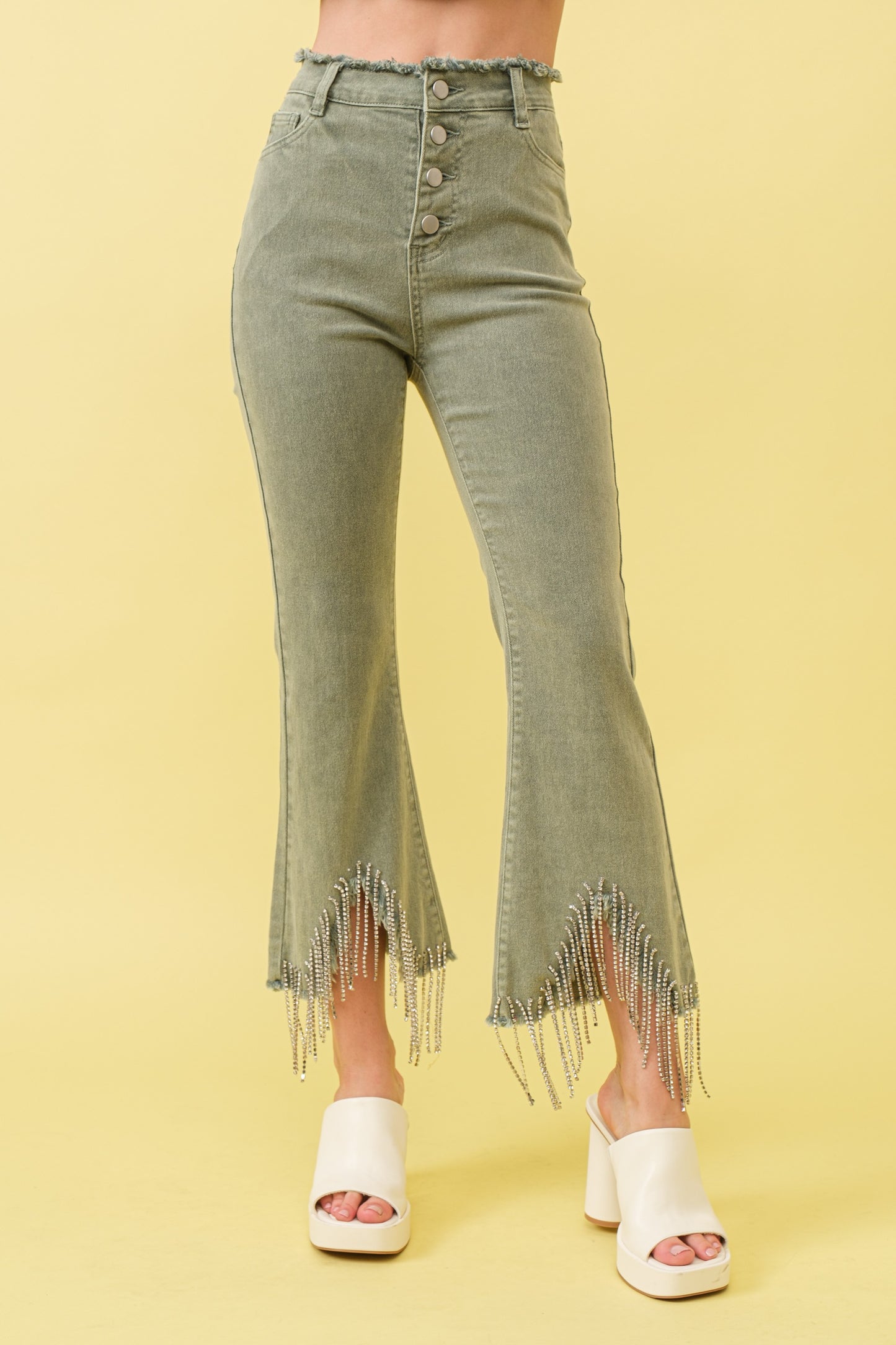 RHINESTONE FRINGE DENIM PANTS