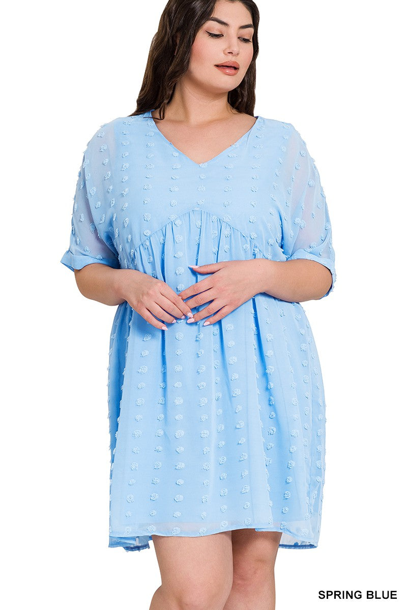 PLUS SWISS DOT BABYDOLL V-NECK DRESS