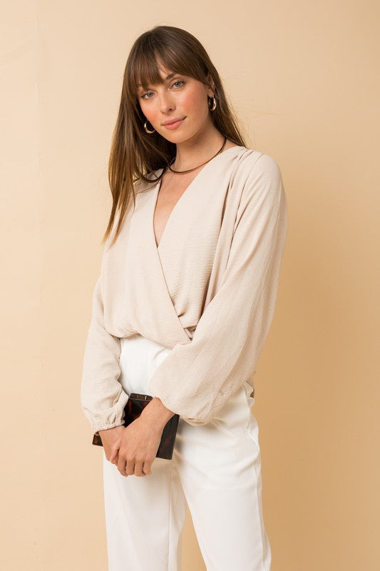 L/S Surplice Shoulder Shirring Top-Drop Ship