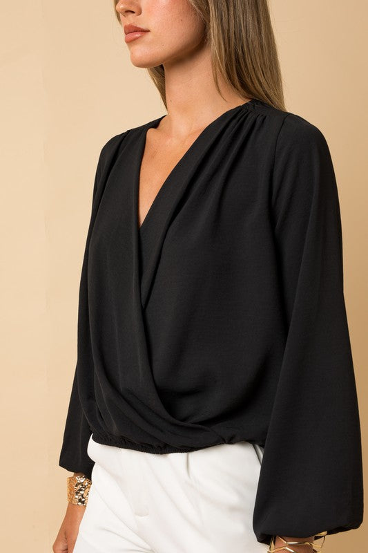 L/S Surplice Shoulder Shirring Top-Drop Ship