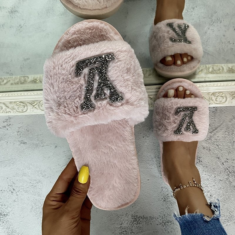 Bling faux fur slippers