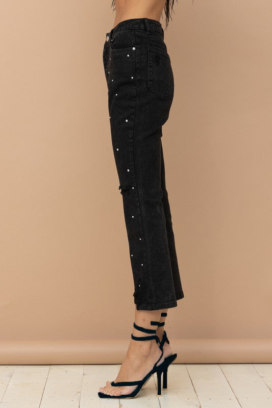 Studded Rhinestone Distressed Denim Jeans-Drop Ship