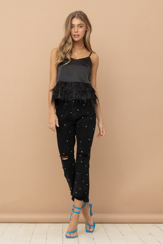 Studded Rhinestone Distressed Denim Jeans-Drop Ship