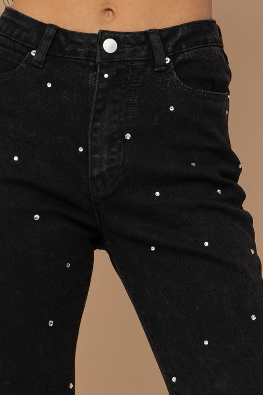 Studded Rhinestone Distressed Denim Jeans-Drop Ship