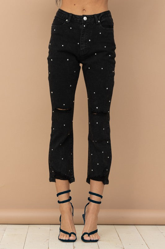 Studded Rhinestone Distressed Denim Jeans-Drop Ship